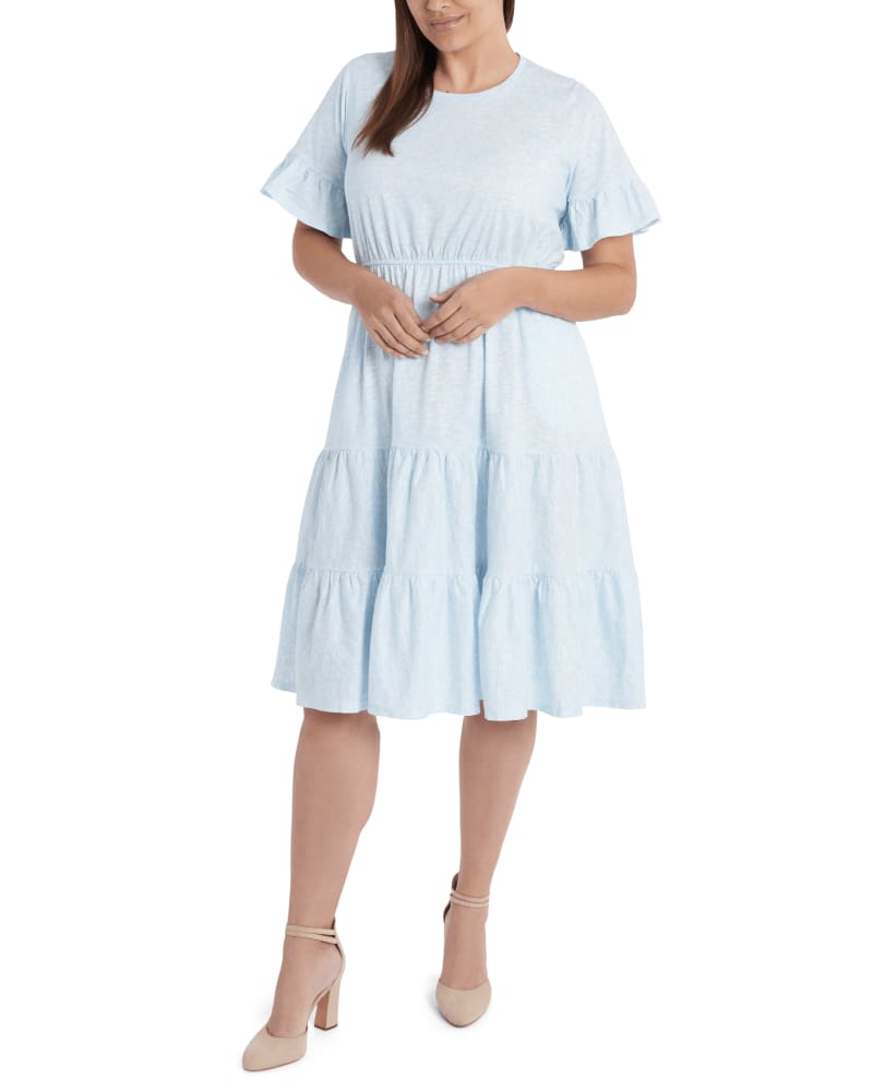 Front of a model wearing a size 1X Kiara Knit Ruffle Midi Dress in 429-BAY SKY by CeCe. | dia_product_style_image_id:263406